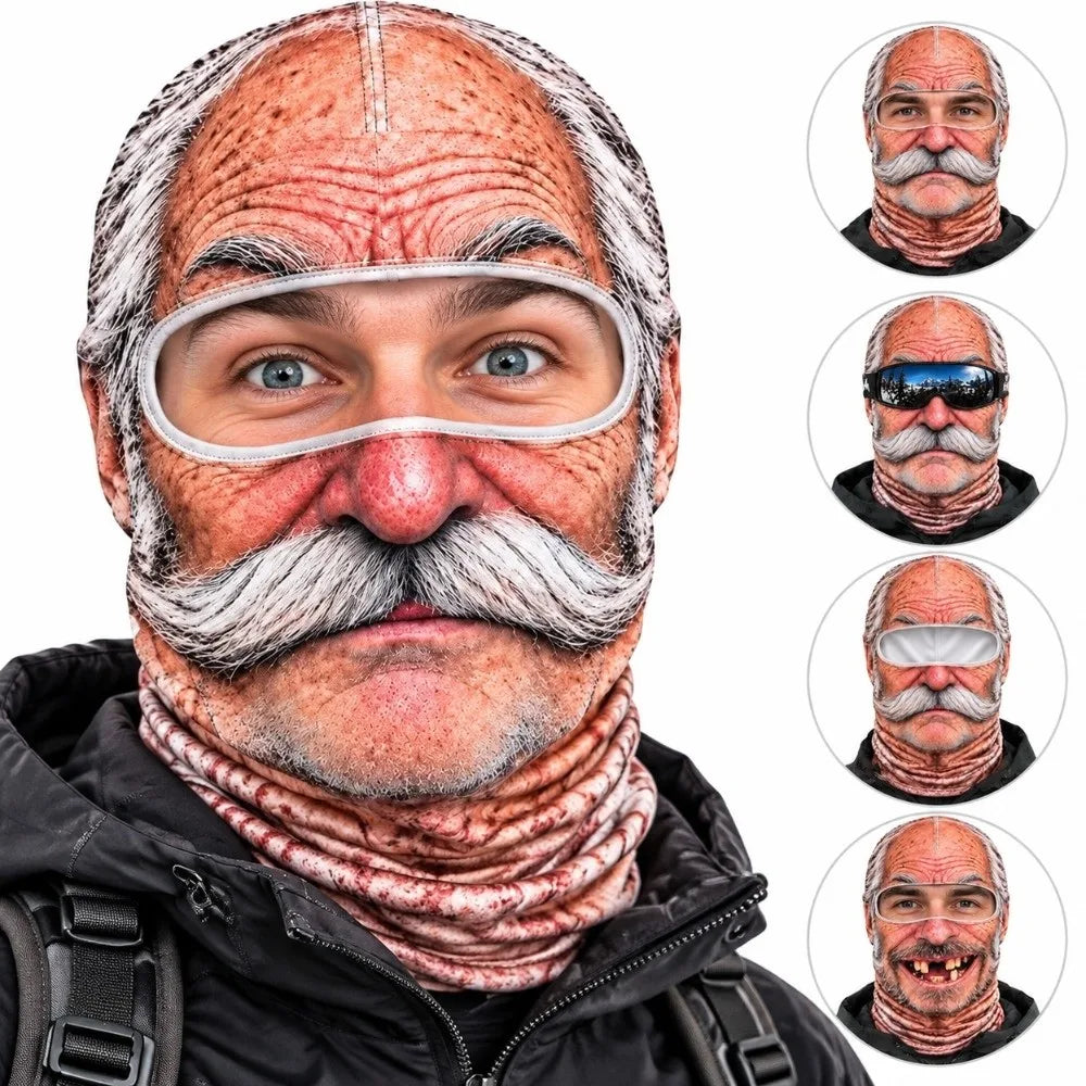 3D Face Printed Old Man Balaclava Full Coverage Breathable Eye Hole Face Mask White Mustache Elastic Ski Mask Hood
