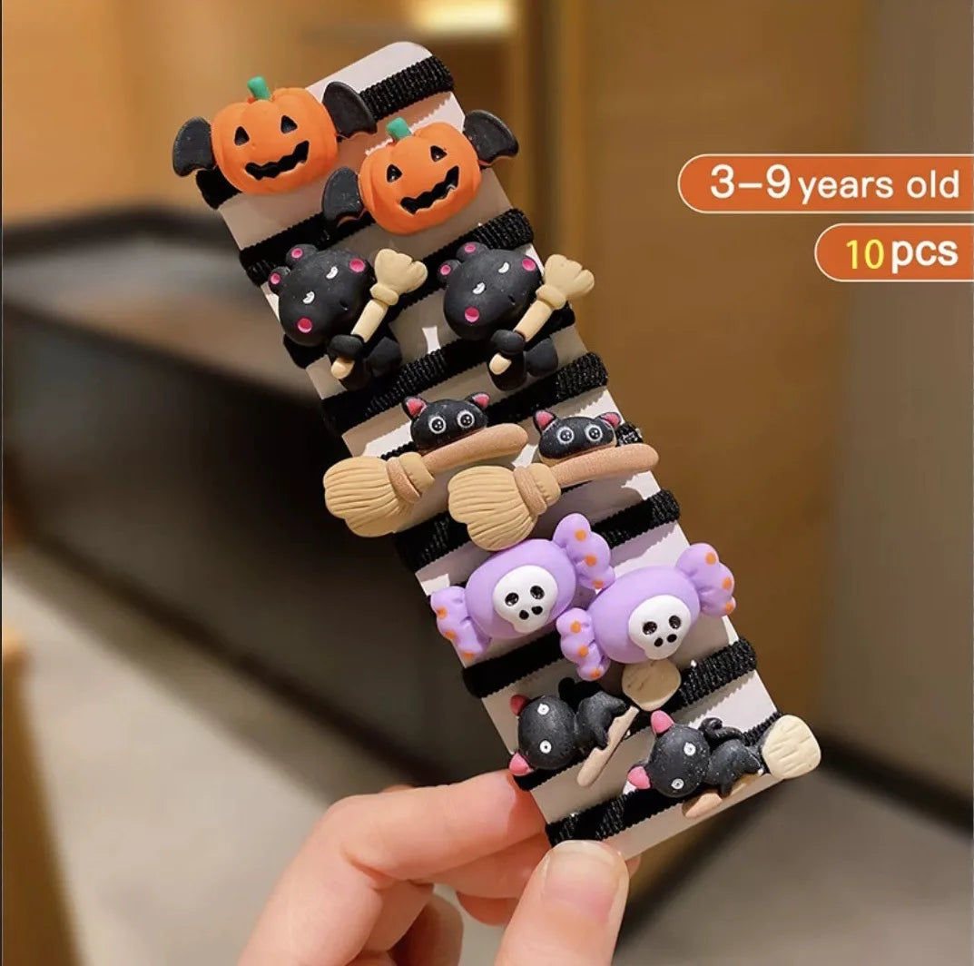 10Pcs Children's Girls' Halloween Hair Ring - Funny Pumpkin and Ghost and Bat Cat Design Suitable for Halloween Gifts for Girls