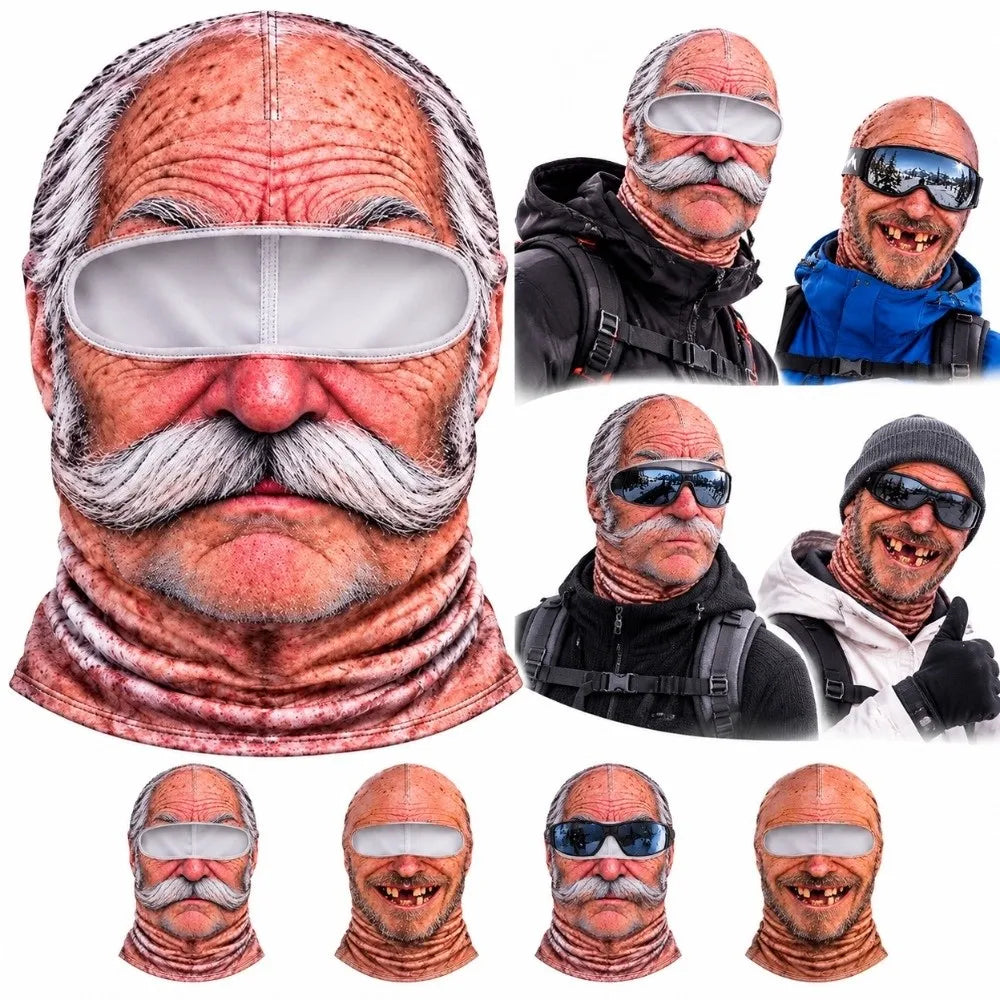 3D Face Printed Old Man Balaclava Full Coverage Breathable Eye Hole Face Mask White Mustache Elastic Ski Mask Hood