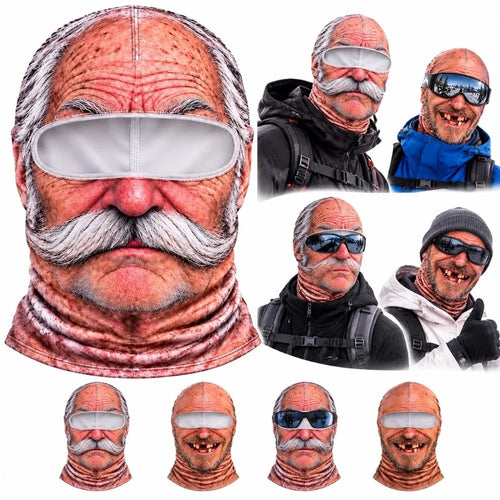 3D Face Printed Old Man Balaclava Full Coverage Breathable Eye Hole Face Mask White Mustache Elastic Ski Mask Hood
