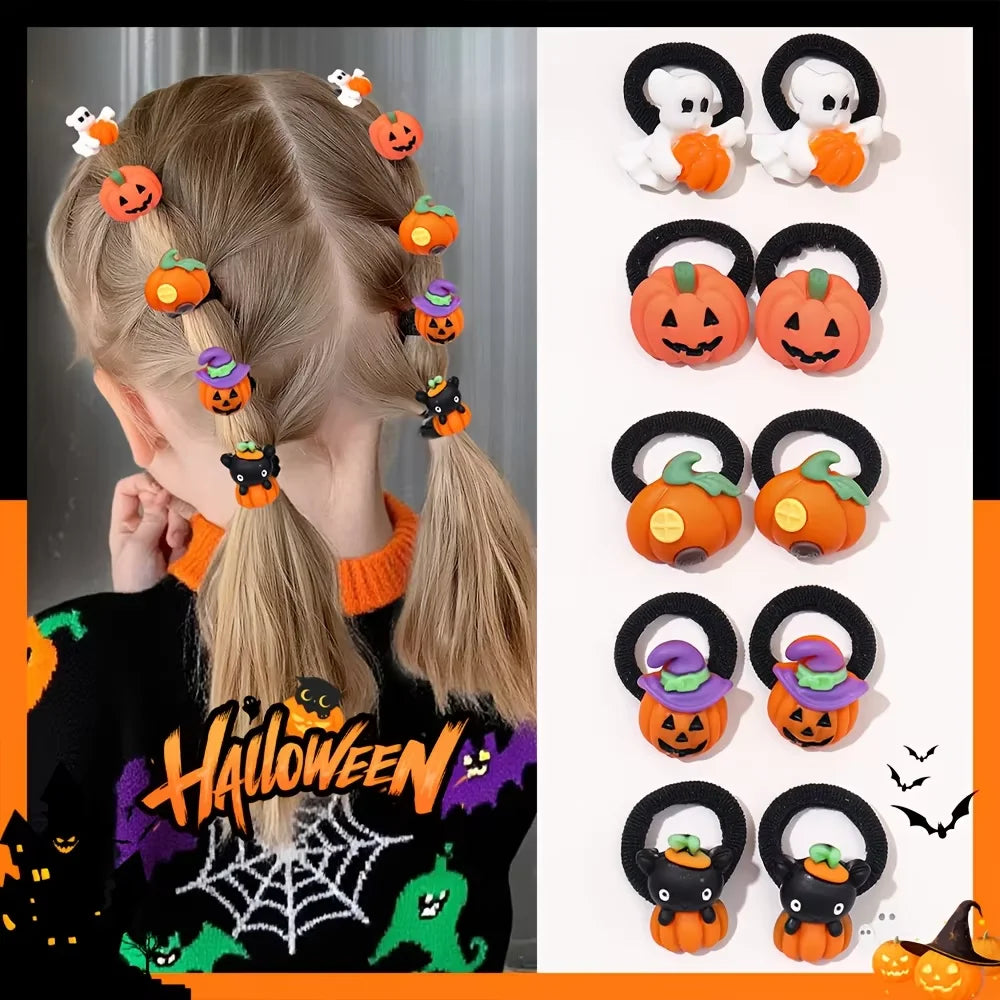 10Pcs Children's Girls' Halloween Hair Ring - Funny Pumpkin and Ghost and Bat Cat Design Suitable for Halloween Gifts for Girls