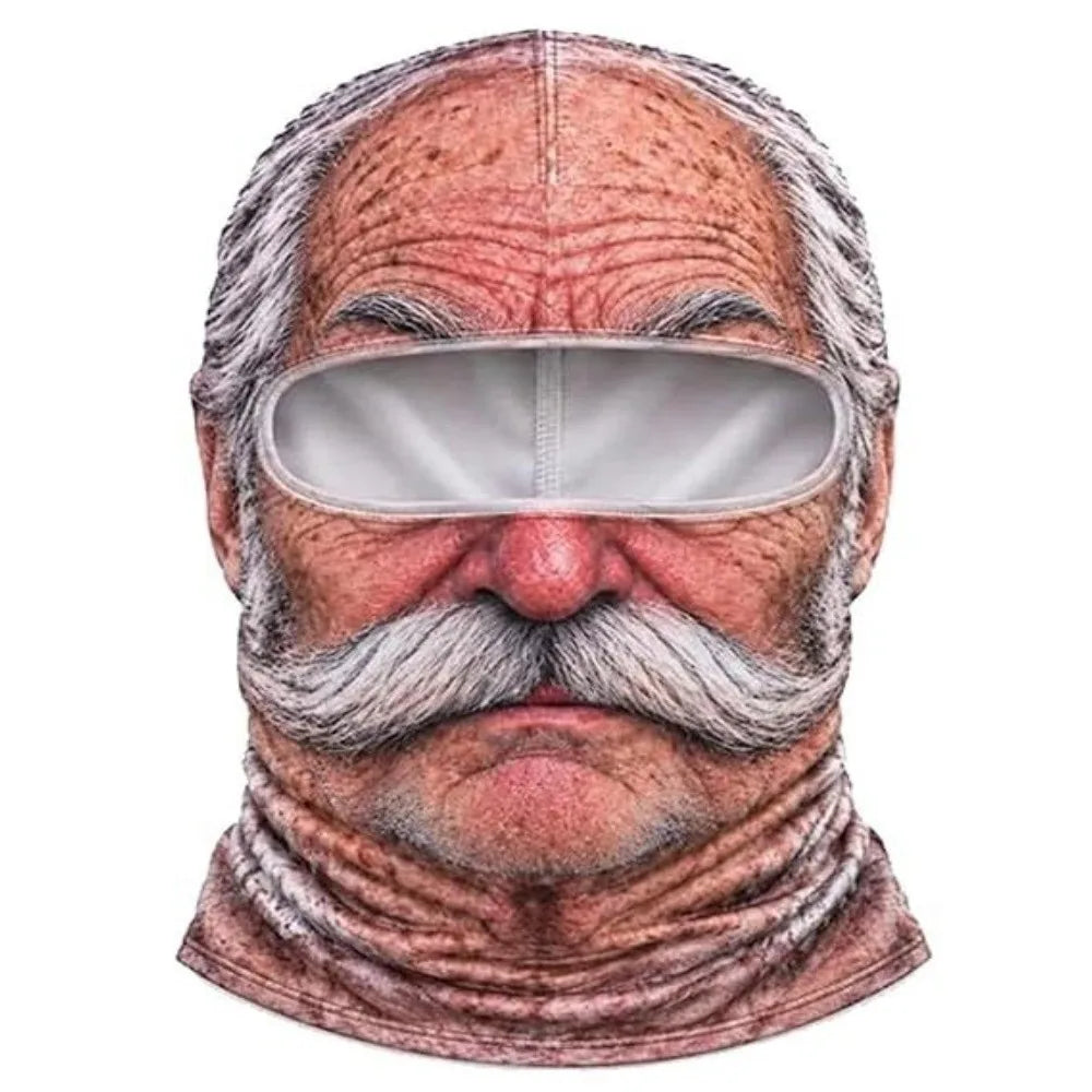 3D Face Printed Old Man Balaclava Full Coverage Breathable Eye Hole Face Mask White Mustache Elastic Ski Mask Hood
